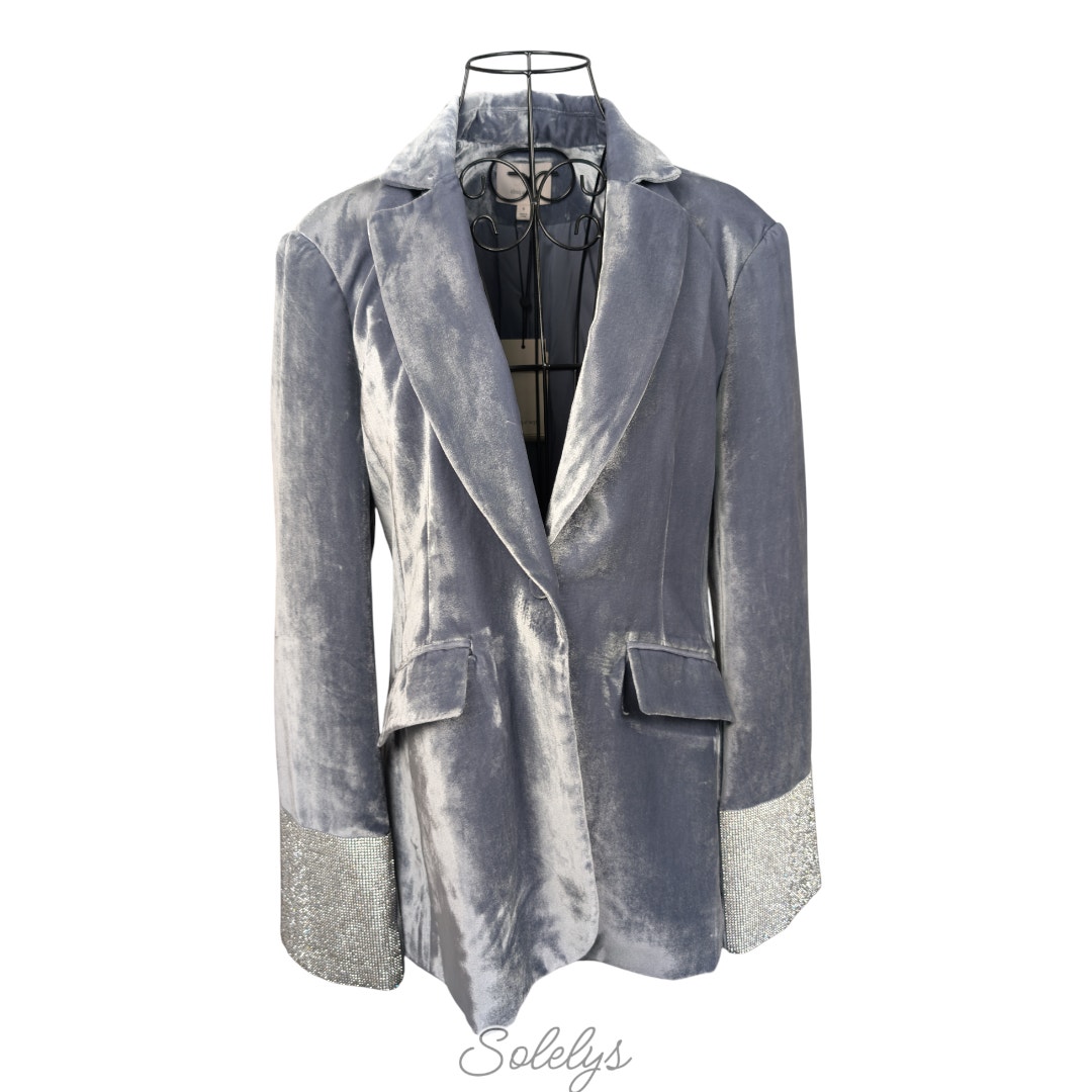 Cinq Sept Kandace Gray Rhinestone Embellished Cuff Velvet Blazer Jacket 6 Nwt